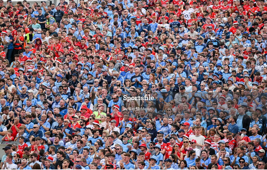 5 July 2025; Supporters of both Cork and Dublin applaud the late Br Kevin Crowley before the GAA Hurling All-Ireland Senior Championship semi-final match between Cork and Dublin at Croke Park in Dublin. Photo by Ray McManus/Sportsfile