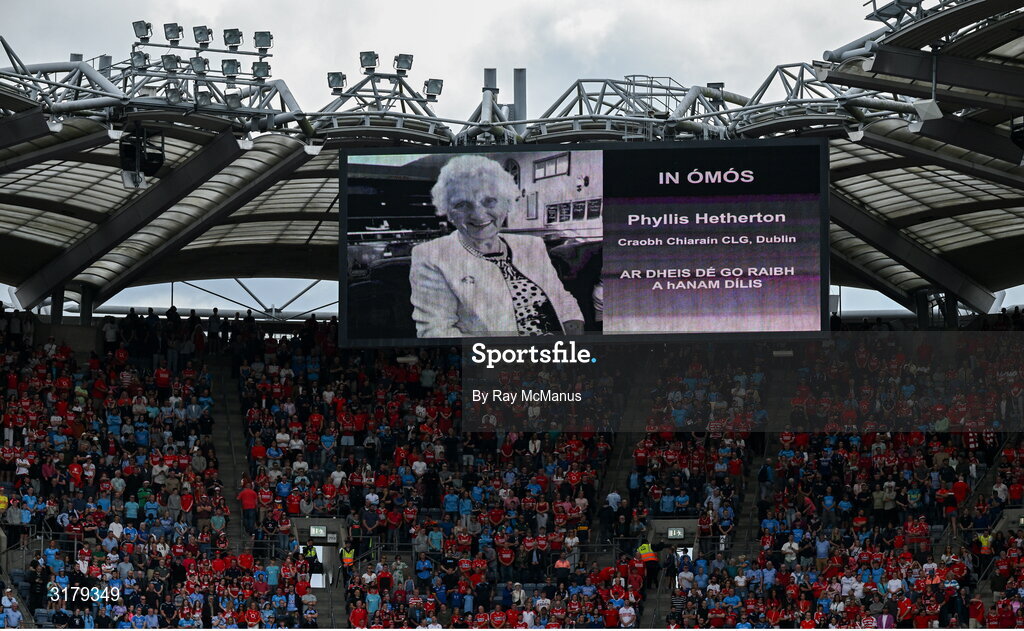 5 July 2025; The late Phyllis Hetherton is remembered before  the GAA Hurling All-Ireland Senior Championship semi-final match between Cork and Dublin at Croke Park in Dublin. Photo by Ray McManus/Sportsfile