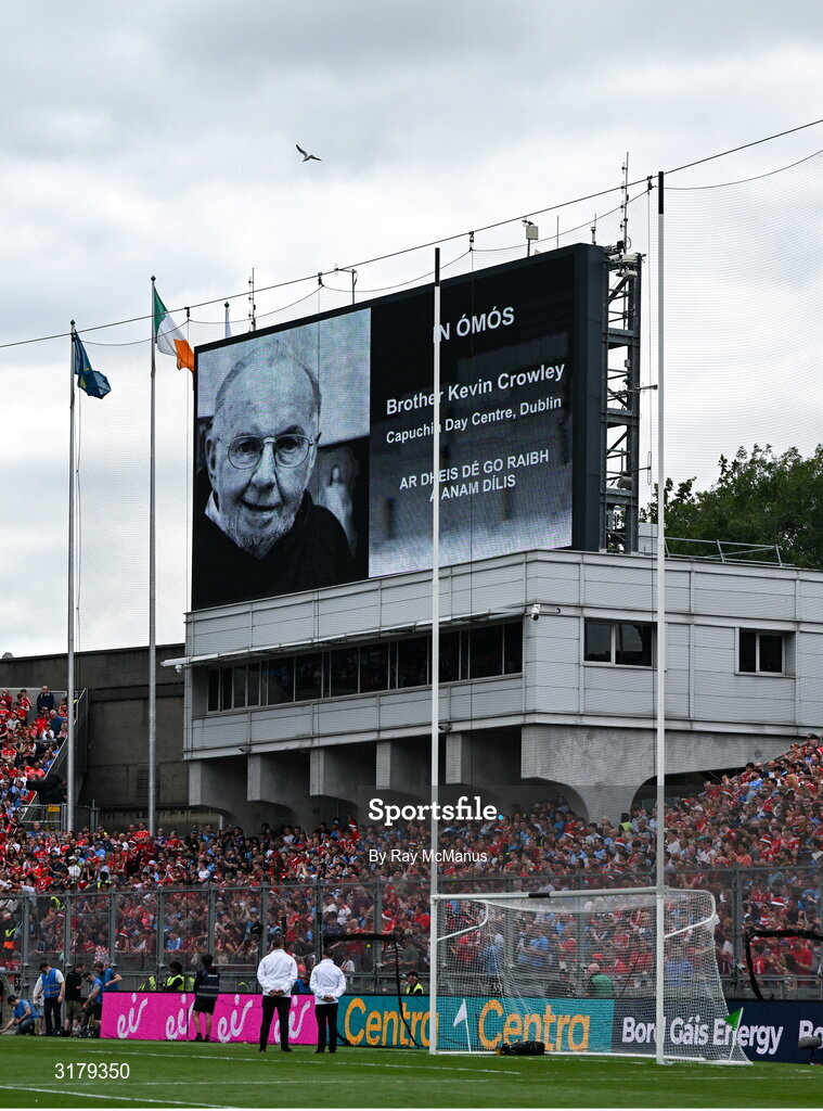 5 July 2025; The late Br Kevin Crowley is remembered before  the GAA Hurling All-Ireland Senior Championship semi-final match between Cork and Dublin at Croke Park in Dublin. Photo by Ray McManus/Sportsfile