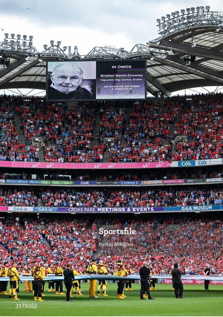 5 July 2025; The late Br Kevin Crowley is remembered before  the GAA Hurling All-Ireland Senior Championship semi-final match between Cork and Dublin at Croke Park in Dublin. Photo by Ray McManus/Sportsfile