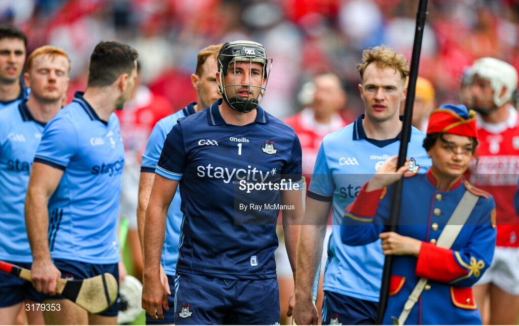 5 July 2025; Dublin goalkeeper Sean Brennan, 1, in pre match parade before the GAA Hurling All-Ireland Senior Championship semi-final match between Cork and Dublin at Croke Park in Dublin. Photo by Ray McManus/Sportsfile