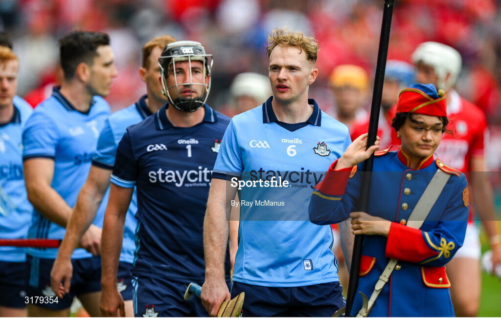 5 July 2025; Dublin captain Conor Burke, 6, leads the players in pre match parade before the GAA Hurling All-Ireland Senior Championship semi-final match between Cork and Dublin at Croke Park in Dublin. Photo by Ray McManus/Sportsfile
