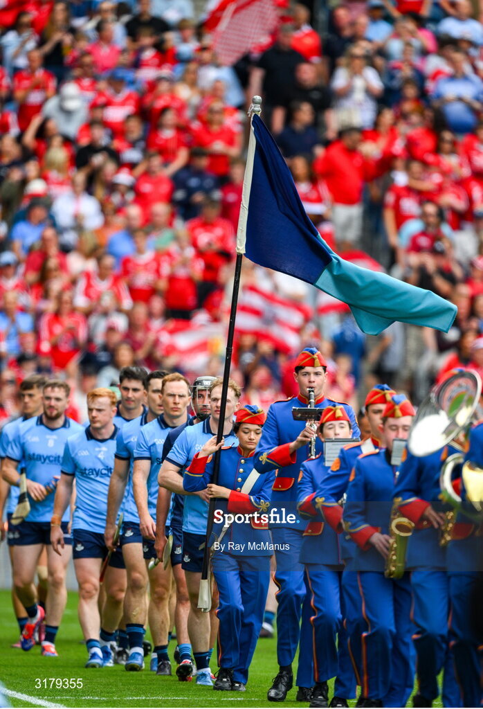 5 July 2025; Dublin captain Conor Burke leads the players in pre match parade before the GAA Hurling All-Ireland Senior Championship semi-final match between Cork and Dublin at Croke Park in Dublin. Photo by Ray McManus/Sportsfile