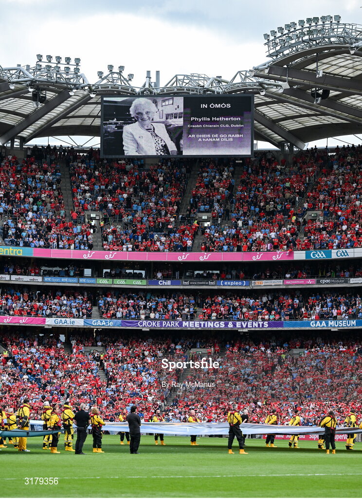 5 July 2025; The late Phyllis Hetherton is remembered before  the GAA Hurling All-Ireland Senior Championship semi-final match between Cork and Dublin at Croke Park in Dublin. Photo by Ray McManus/Sportsfile