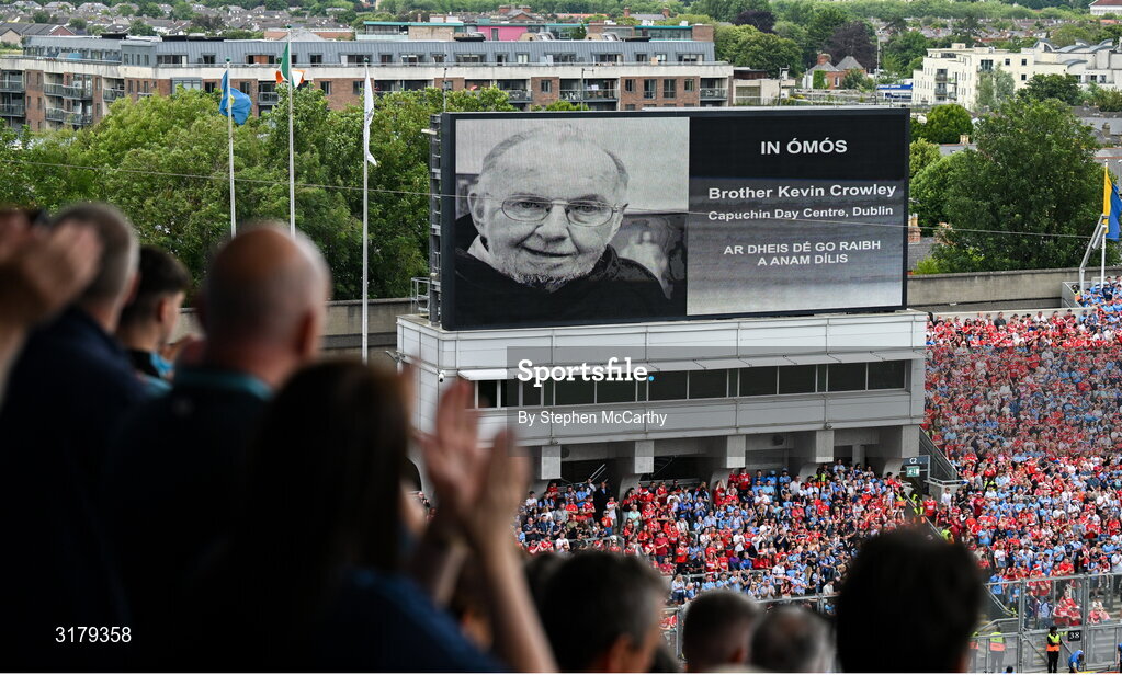 5 July 2025; A general view of the big screen displaying a tribute to the late Brother Kevin Crowley before the GAA Hurling All-Ireland Senior Championship semi-final match between Cork and Dublin at Croke Park in Dublin. Photo by Stephen McCarthy/Sportsfile