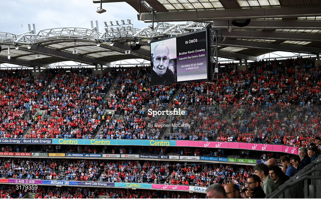 5 July 2025; A general view of the big screen displaying a tribute to the late Brother Kevin Crowley before the GAA Hurling All-Ireland Senior Championship semi-final match between Cork and Dublin at Croke Park in Dublin. Photo by Stephen McCarthy/Sportsfile