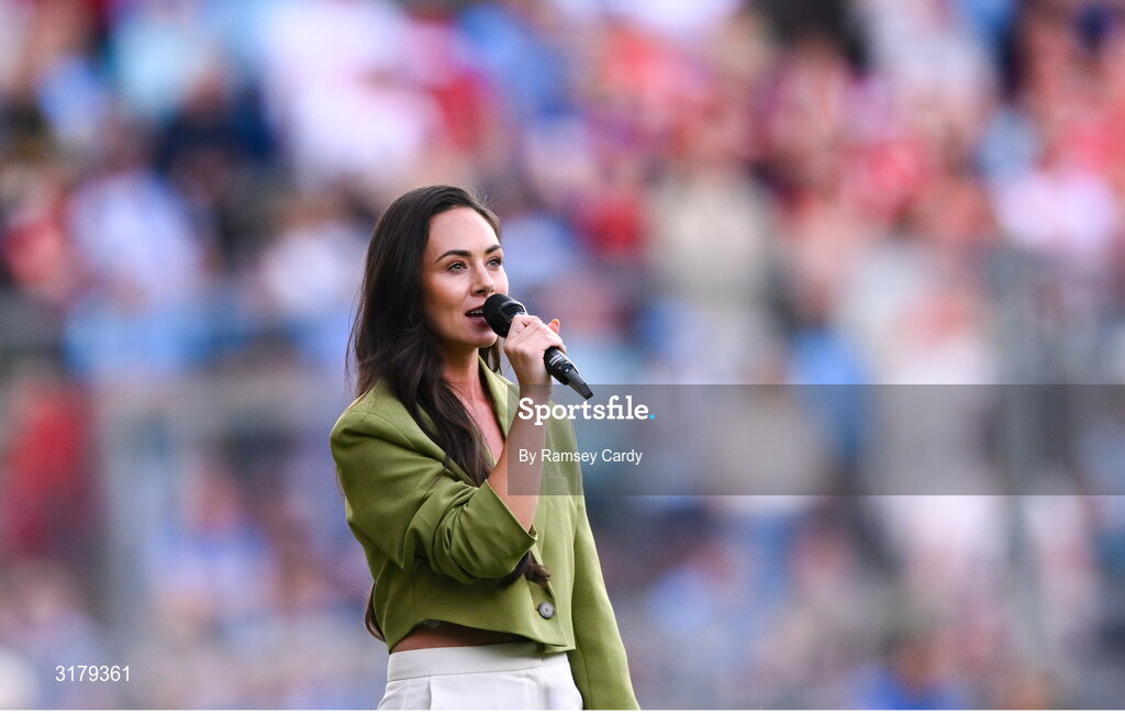 5 July 2025; MC Aisling O'Reilly during the GAA Hurling All-Ireland Senior Championship semi-final match between Cork and Dublin at Croke Park in Dublin. Photo by Ramsey Cardy/Sportsfile