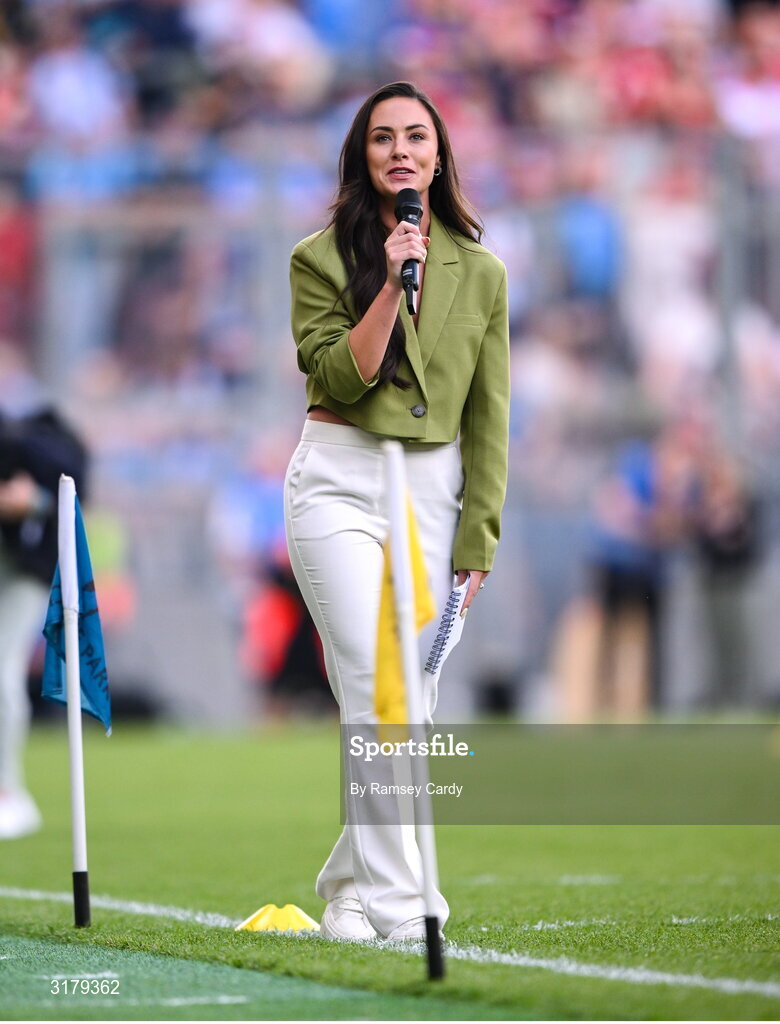 5 July 2025; MC Aisling O'Reilly during the GAA Hurling All-Ireland Senior Championship semi-final match between Cork and Dublin at Croke Park in Dublin. Photo by Ramsey Cardy/Sportsfile