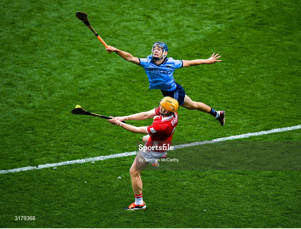 5 July 2025; Shane Barrett of Cork in action against Brian Hayes of Dublin during the GAA Hurling All-Ireland Senior Championship semi-final match between Cork and Dublin at Croke Park in Dublin. Photo by Stephen McCarthy/Sportsfile