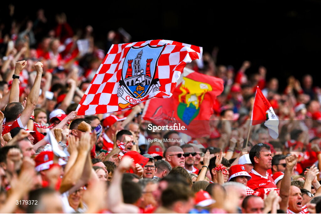 5 July 2025; Cork supporters, in the Cusack Stand, celebrate a score during the GAA Hurling All-Ireland Senior Championship semi-final match between Cork and Dublin at Croke Park in Dublin. Photo by Ray McManus/Sportsfile
