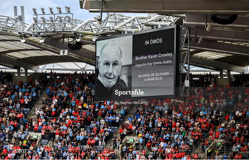 5 July 2025; A general view of the big screen displaying a tribute to the late Brother Kevin Crowley before the GAA Hurling All-Ireland Senior Championship semi-final match between Cork and Dublin at Croke Park in Dublin. Photo by Stephen McCarthy/Sportsfile