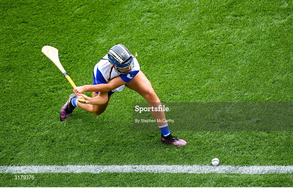 5 July 2025; Benin Bowdren of Waterford takes a sideline cut during the GAA Hurling All-Ireland Senior Championship semi-final match between Cork and Dublin at Croke Park in Dublin. Photo by Stephen McCarthy/Sportsfile