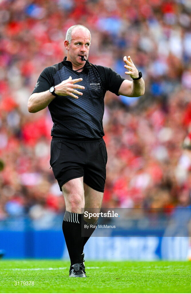 5 July 2025; Referee Johnny Murphy during the GAA Hurling All-Ireland Senior Championship semi-final match between Cork and Dublin at Croke Park in Dublin. Photo by Ray McManus/Sportsfile
