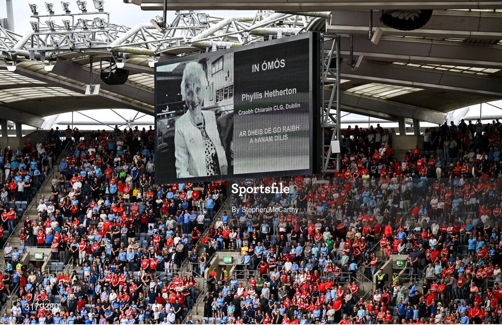 5 July 2025; A general view of the big screen displaying a tribute to the late Phyllis Hetherton before the GAA Hurling All-Ireland Senior Championship semi-final match between Cork and Dublin at Croke Park in Dublin. Photo by Stephen McCarthy/Sportsfile