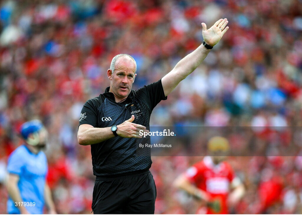 5 July 2025; Referee Johnny Murphy during the GAA Hurling All-Ireland Senior Championship semi-final match between Cork and Dublin at Croke Park in Dublin. Photo by Ray McManus/Sportsfile