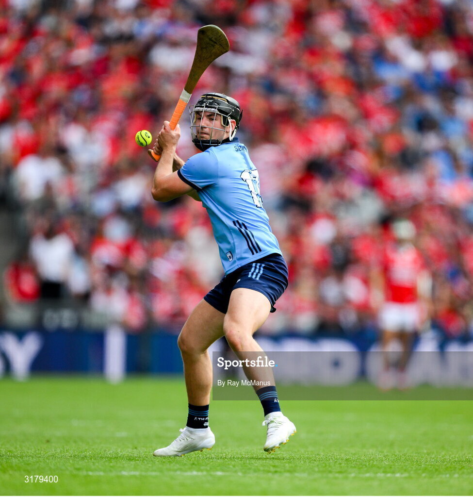 5 July 2025; Sean Currie of Dublin strikes free during the GAA Hurling All-Ireland Senior Championship semi-final match between Cork and Dublin at Croke Park in Dublin. Photo by Ray McManus/Sportsfile