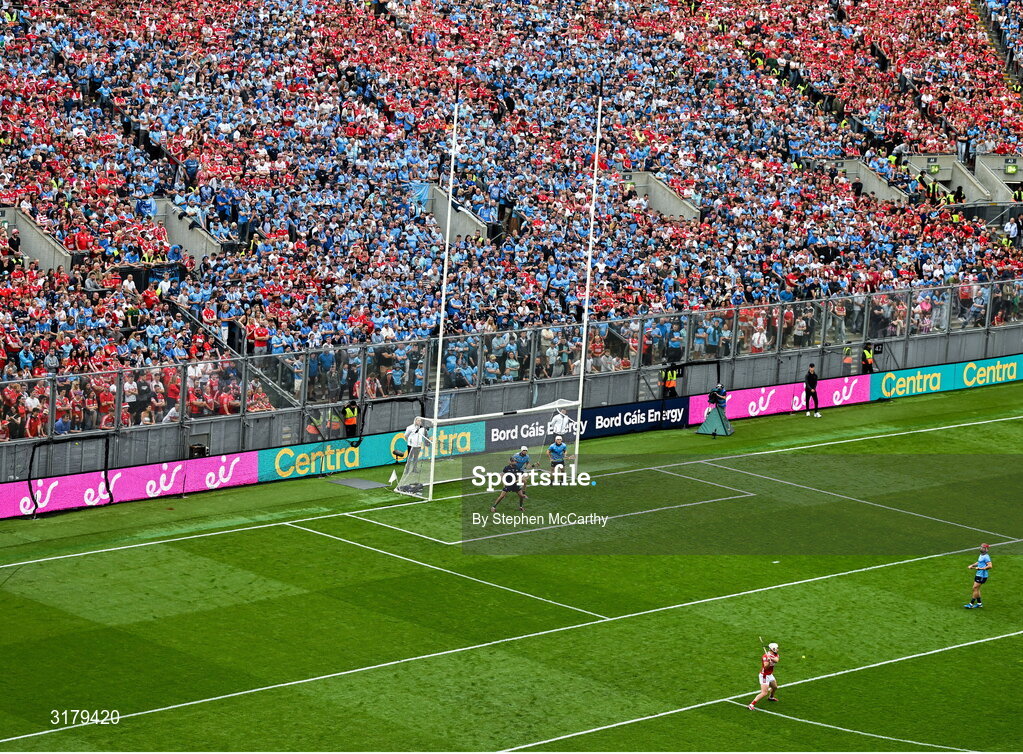5 July 2025; Patrick Horgan of Cork takes a free during the GAA Hurling All-Ireland Senior Championship semi-final match between Cork and Dublin at Croke Park in Dublin. Photo by Stephen McCarthy/Sportsfile