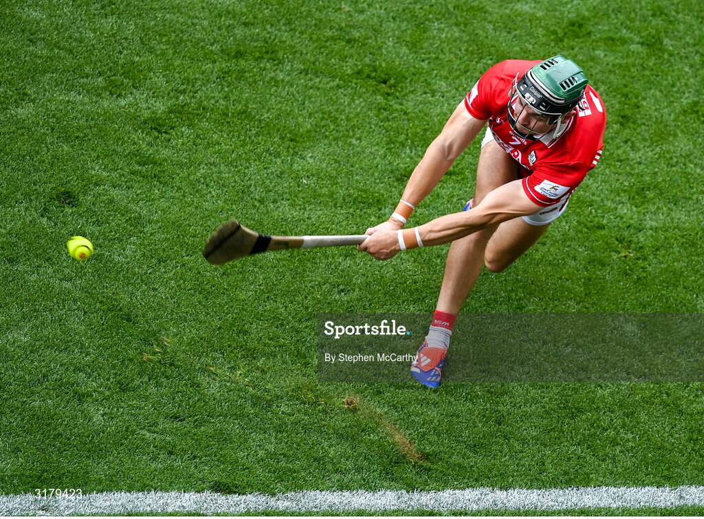 5 July 2025; Mark Coleman of Cork takes a sideline cut during the GAA Hurling All-Ireland Senior Championship semi-final match between Cork and Dublin at Croke Park in Dublin. Photo by Stephen McCarthy/Sportsfile