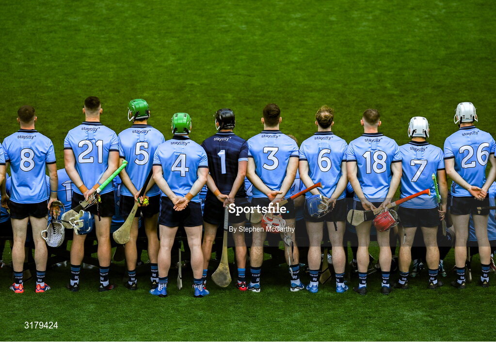 5 July 2025; Dublin players stand for their traditional team photograph before the GAA Hurling All-Ireland Senior Championship semi-final match between Cork and Dublin at Croke Park in Dublin. Photo by Stephen McCarthy/Sportsfile