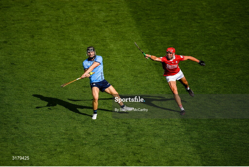 5 July 2025; Sean Currie of Dublin in action against Ciarán Joyce of Cork during the GAA Hurling All-Ireland Senior Championship semi-final match between Cork and Dublin at Croke Park in Dublin. Photo by Stephen McCarthy/Sportsfile