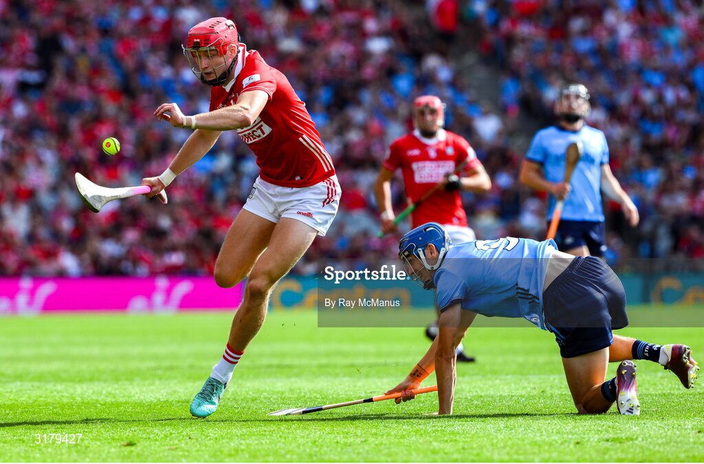 5 July 2025; Alan Connolly of Cork in action against Brian Hayes of Dublin during the GAA Hurling All-Ireland Senior Championship semi-final match between Cork and Dublin at Croke Park in Dublin. Photo by Ray McManus/Sportsfile