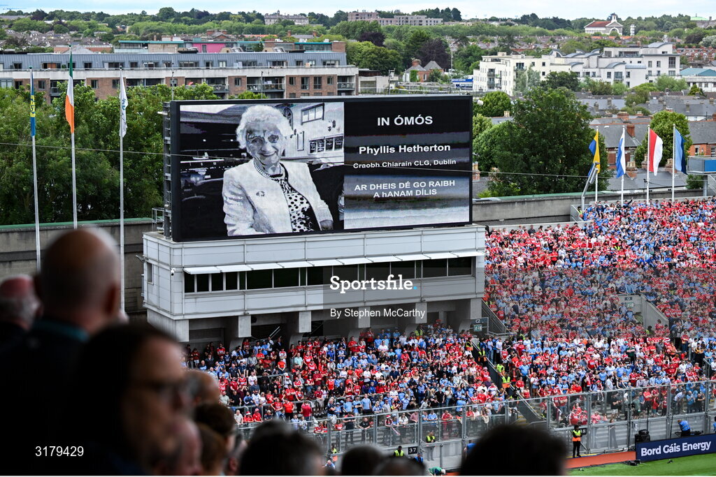 5 July 2025; A general view of the big screen displaying a tribute to the late Phyllis Hetherton before the GAA Hurling All-Ireland Senior Championship semi-final match between Cork and Dublin at Croke Park in Dublin. Photo by Stephen McCarthy/Sportsfile