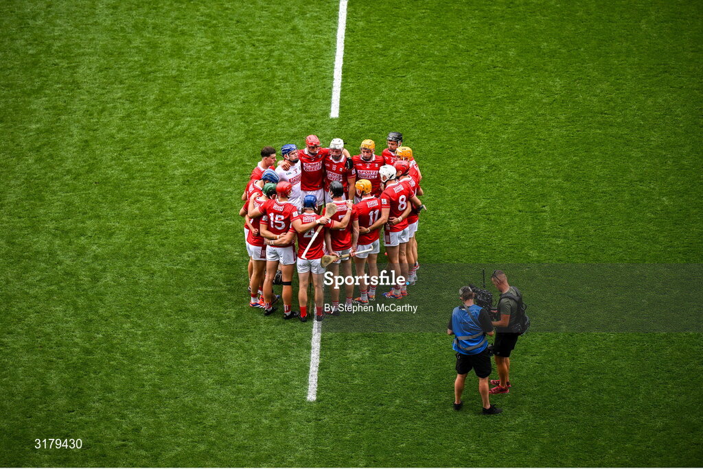 5 July 2025; Cork players huddle before the GAA Hurling All-Ireland Senior Championship semi-final match between Cork and Dublin at Croke Park in Dublin. Photo by Stephen McCarthy/Sportsfile