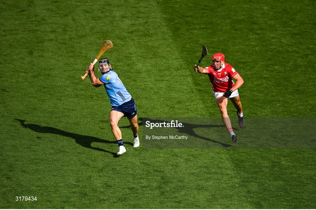 5 July 2025; Sean Currie of Dublin in action against Ciarán Joyce of Cork during the GAA Hurling All-Ireland Senior Championship semi-final match between Cork and Dublin at Croke Park in Dublin. Photo by Stephen McCarthy/Sportsfile