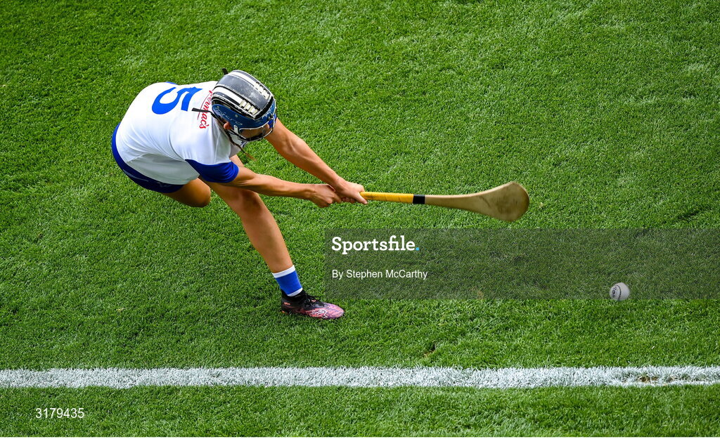 5 July 2025; Benin Bowdren of Waterford takes a sideline cut during the GAA Hurling All-Ireland Senior Championship semi-final match between Cork and Dublin at Croke Park in Dublin. Photo by Stephen McCarthy/Sportsfile