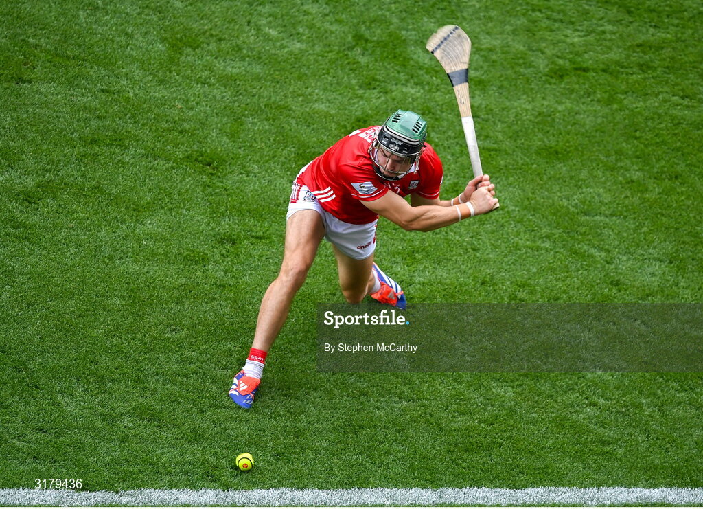 5 July 2025; Mark Coleman of Cork takes a sideline cut during the GAA Hurling All-Ireland Senior Championship semi-final match between Cork and Dublin at Croke Park in Dublin. Photo by Stephen McCarthy/Sportsfile