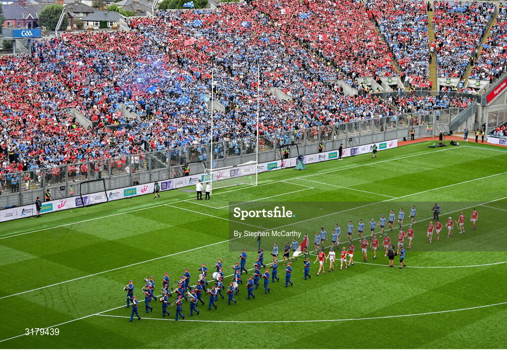5 July 2025; A general view of Croke Park as the The Artane Band lead the teams in their pre-match parade before the GAA Hurling All-Ireland Senior Championship semi-final match between Cork and Dublin at Croke Park in Dublin. Photo by Stephen McCarthy/Sportsfile