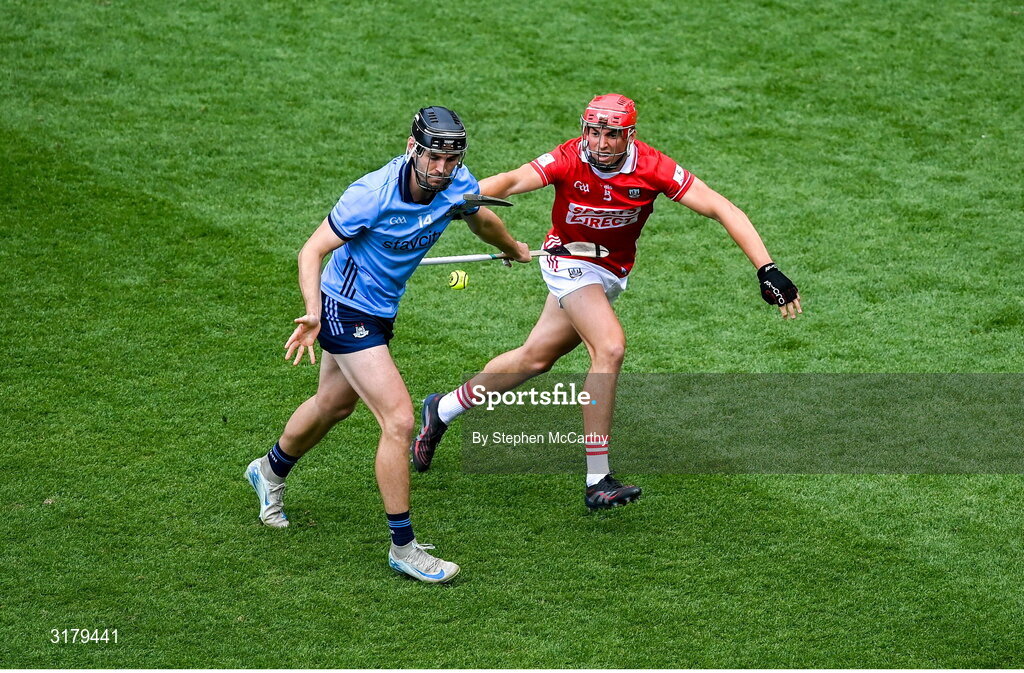 5 July 2025; Ronan Hayes of Dublin and Ciarán Joyce of Cork during the GAA Hurling All-Ireland Senior Championship semi-final match between Cork and Dublin at Croke Park in Dublin. Photo by Stephen McCarthy/Sportsfile