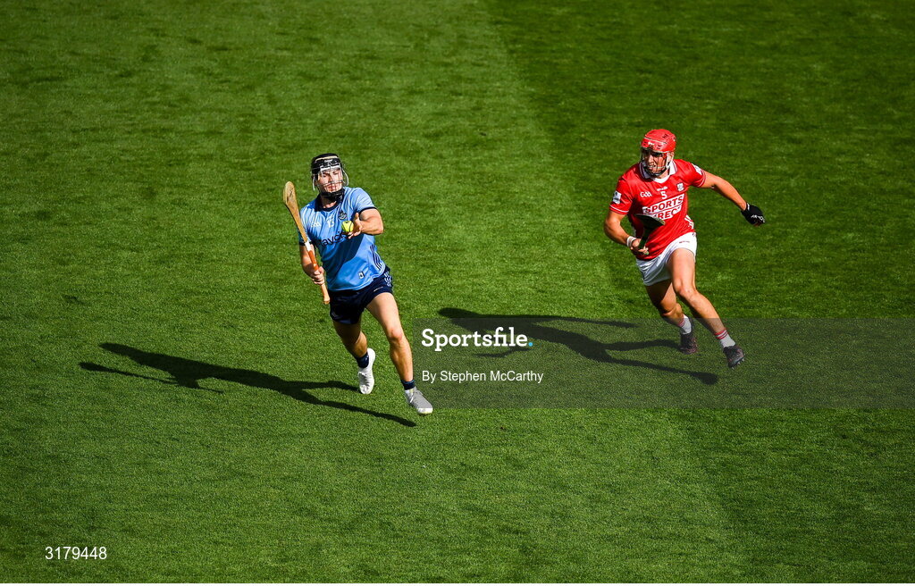 5 July 2025; Sean Currie of Dublin in action against Ciarán Joyce of Cork during the GAA Hurling All-Ireland Senior Championship semi-final match between Cork and Dublin at Croke Park in Dublin. Photo by Stephen McCarthy/Sportsfile