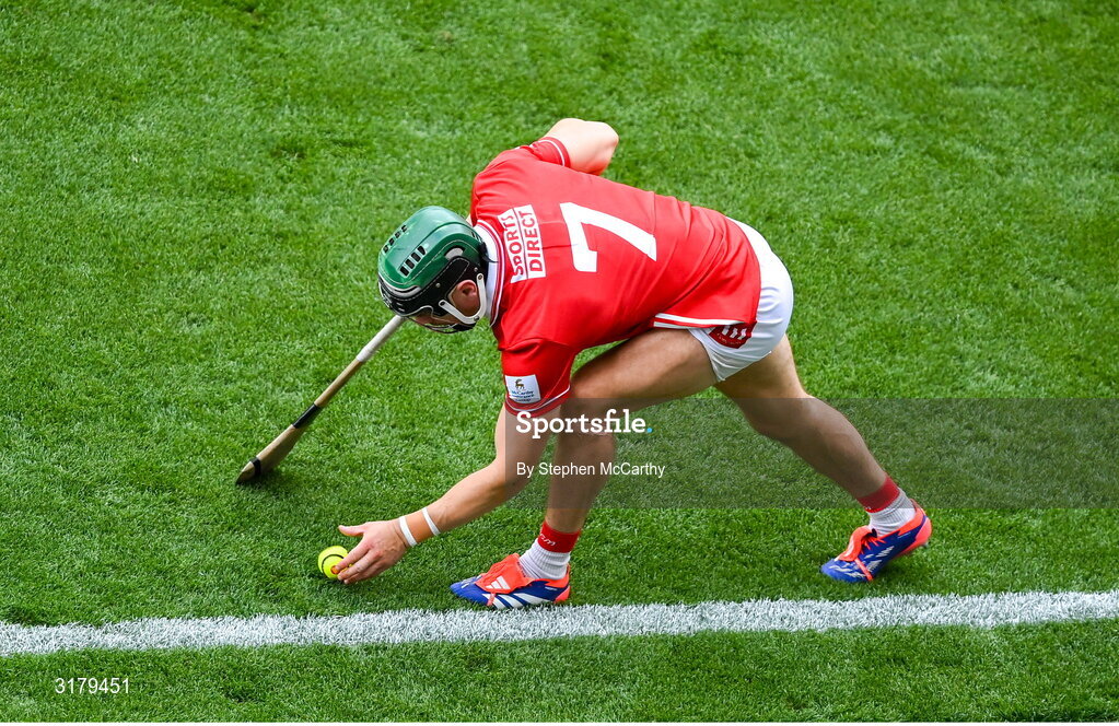 5 July 2025; Mark Coleman of Cork prepares to take a sideline cut during the GAA Hurling All-Ireland Senior Championship semi-final match between Cork and Dublin at Croke Park in Dublin. Photo by Stephen McCarthy/Sportsfile