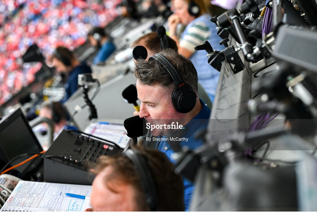 5 July 2025; BBC Sport commentator Thomas Niblock during the GAA Hurling All-Ireland Senior Championship semi-final match between Cork and Dublin at Croke Park in Dublin. Photo by Stephen McCarthy/Sportsfile
