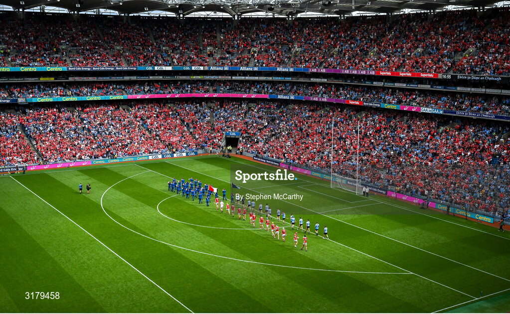 5 July 2025; A general view of Croke Park as the The Artane Band lead the teams in their pre-match parade before the GAA Hurling All-Ireland Senior Championship semi-final match between Cork and Dublin at Croke Park in Dublin. Photo by Stephen McCarthy/Sportsfile