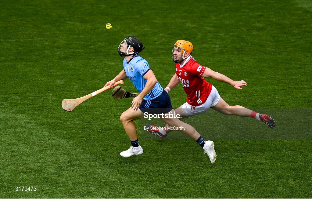 5 July 2025; Sean Currie of Dublin and Niall O'Leary of Cork during the GAA Hurling All-Ireland Senior Championship semi-final match between Cork and Dublin at Croke Park in Dublin. Photo by Stephen McCarthy/Sportsfile