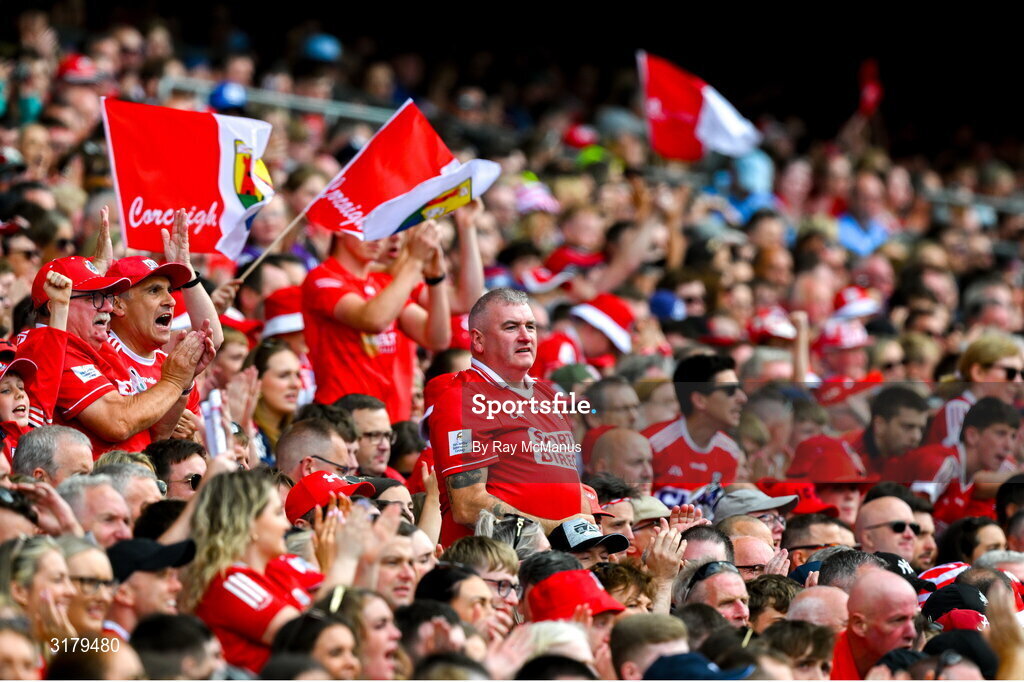 5 July 2025; Cork supporters during the GAA Hurling All-Ireland Senior Championship semi-final match between Cork and Dublin at Croke Park in Dublin. Photo by Ray McManus/Sportsfile