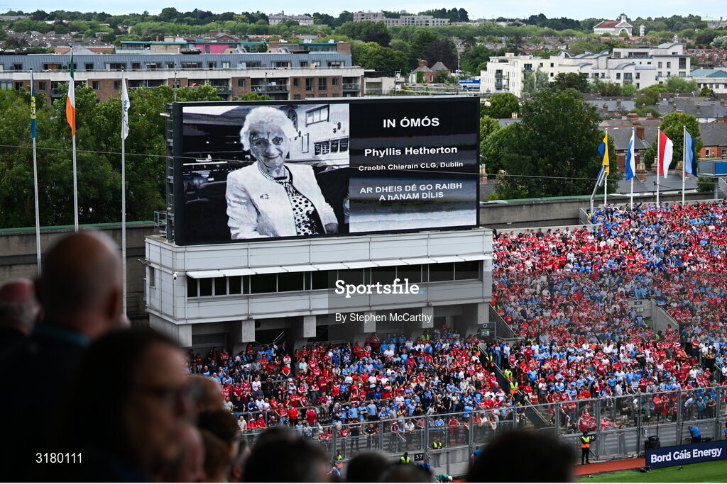 5 July 2025; A general view of the big screen displaying a tribute to the late Phyllis Hetherton before the GAA Hurling All-Ireland Senior Championship semi-final match between Cork and Dublin at Croke Park in Dublin. Photo by Stephen McCarthy/Sportsfile
