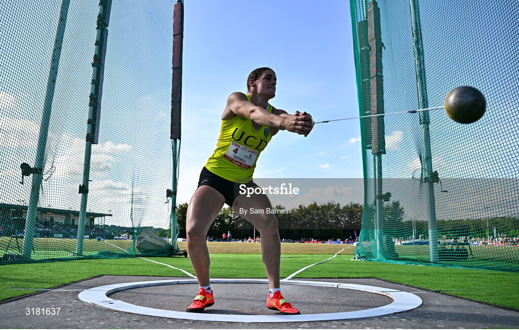 9 July 2025; Nicola Tuthill of Ireland competes in the Inspire (Credit Union) Women's Hammer during the Cork City Sports meet at MTU Arena in Cork. Photo by Sam Barnes/Sportsfile