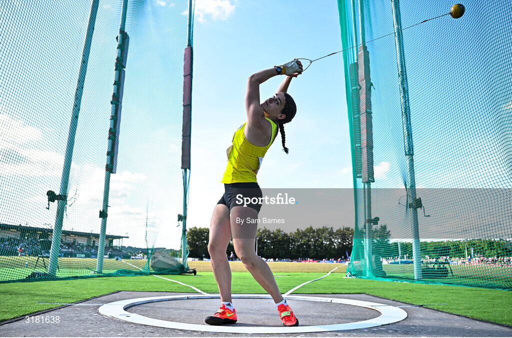 9 July 2025; Nicola Tuthill of Ireland competes in the Inspire (Credit Union) Women's Hammer during the Cork City Sports meet at MTU Arena in Cork. Photo by Sam Barnes/Sportsfile