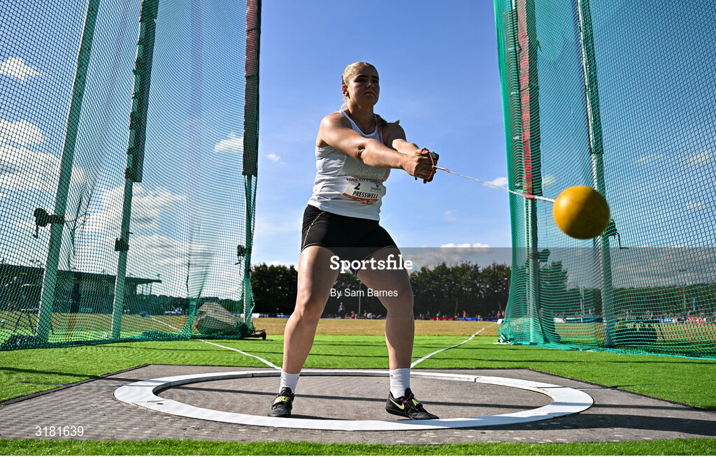 9 July 2025; Kayleigh Presswell of Great Britain competes in the Inspire (Credit Union) Women's Hammer during the Cork City Sports meet at MTU Arena in Cork. Photo by Sam Barnes/Sportsfile