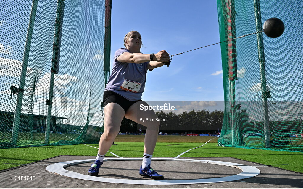9 July 2025; Charlotte Payne of Great Britain competes in the Inspire (Credit Union) Women's Hammer during the Cork City Sports meet at MTU Arena in Cork. Photo by Sam Barnes/Sportsfile