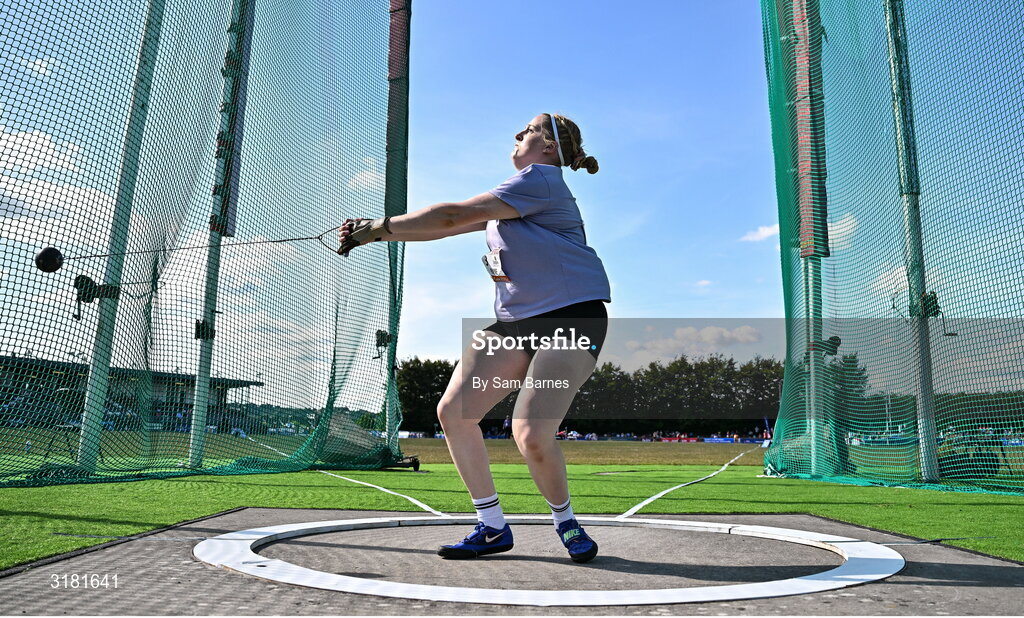 9 July 2025; Charlotte Payne of Great Britain competes in the Inspire (Credit Union) Women's Hammer during the Cork City Sports meet at MTU Arena in Cork. Photo by Sam Barnes/Sportsfile