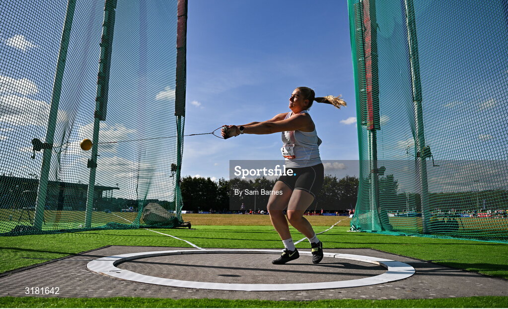 9 July 2025; Kayleigh Presswell of Great Britain competes in the Inspire (Credit Union) Women's Hammer during the Cork City Sports meet at MTU Arena in Cork. Photo by Sam Barnes/Sportsfile