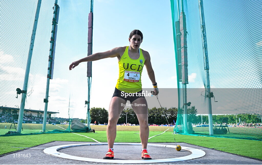 9 July 2025; Nicola Tuthill of Ireland competes in the Inspire (Credit Union) Women's Hammer during the Cork City Sports meet at MTU Arena in Cork. Photo by Sam Barnes/Sportsfile