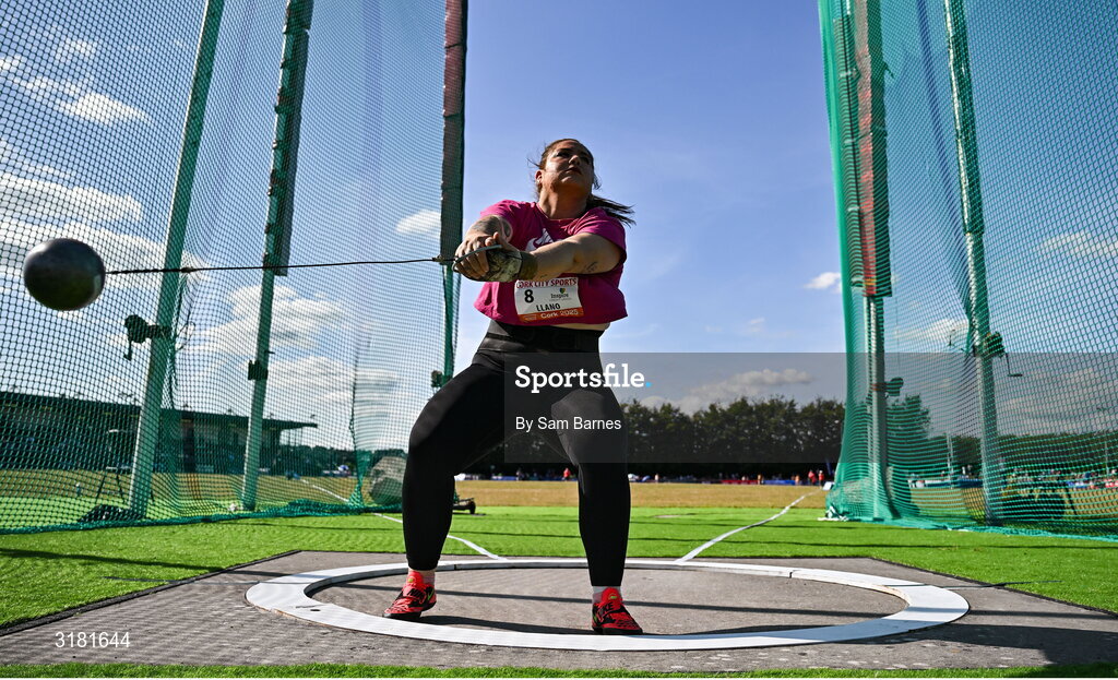 9 July 2025; Beatrice Llano of Norway competes in the Inspire (Credit Union) Women's Hammer during the Cork City Sports meet at MTU Arena in Cork. Photo by Sam Barnes/Sportsfile