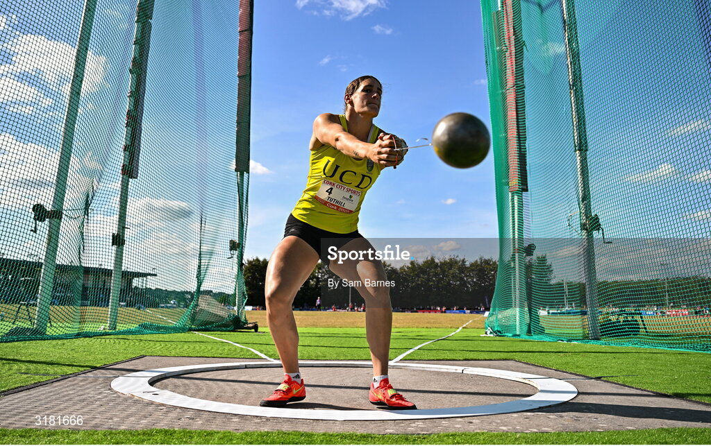 9 July 2025; Nicola Tuthill of Ireland competes in the Inspire (Credit Union) Women's Hammer during the Cork City Sports meet at MTU Arena in Cork. Photo by Sam Barnes/Sportsfile