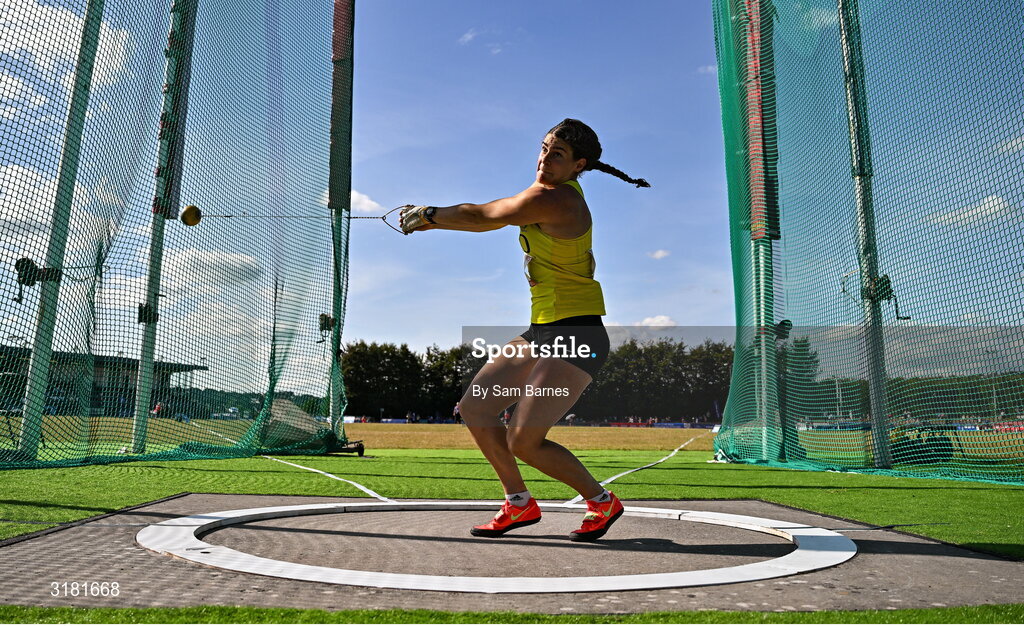 9 July 2025; Nicola Tuthill of Ireland competes in the Inspire (Credit Union) Women's Hammer during the Cork City Sports meet at MTU Arena in Cork. Photo by Sam Barnes/Sportsfile