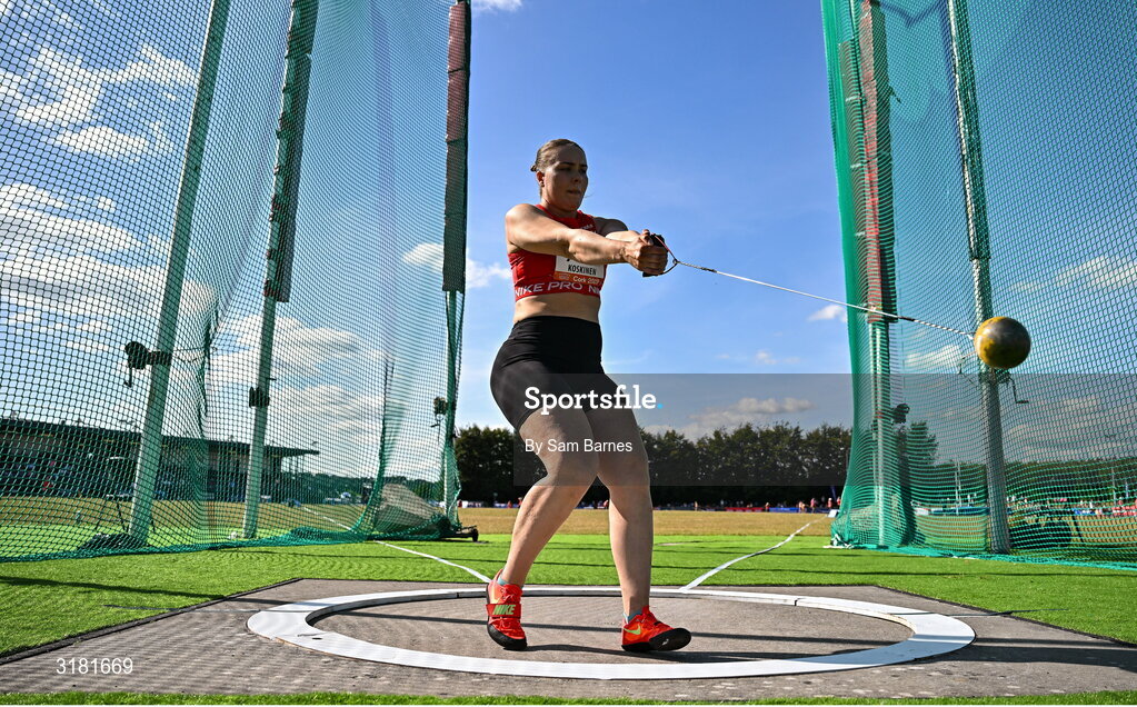 9 July 2025; Suvi Koskinen of Finland competes in the Inspire (Credit Union) Women's Hammer during the Cork City Sports meet at MTU Arena in Cork. Photo by Sam Barnes/Sportsfile